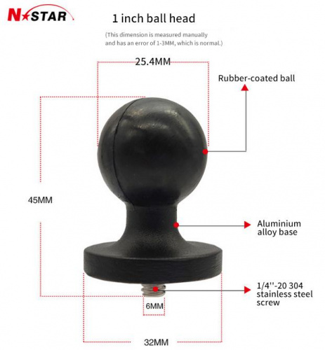 Шар N-Star 25 мм (1") с резьбой 1/4"-20 для крепления фото и видео камер, алюминий (NS-BGPB) фото 4