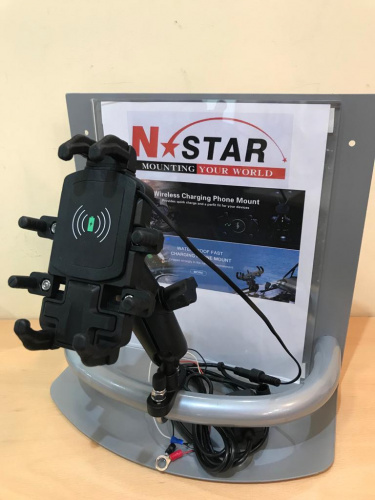 Крепление N-Star AG с беспроводной зарядкой для смартфонов на руль, трубу. Муфта 95 мм шары 25 мм (1") (NS-AGC-B9-BTB)
